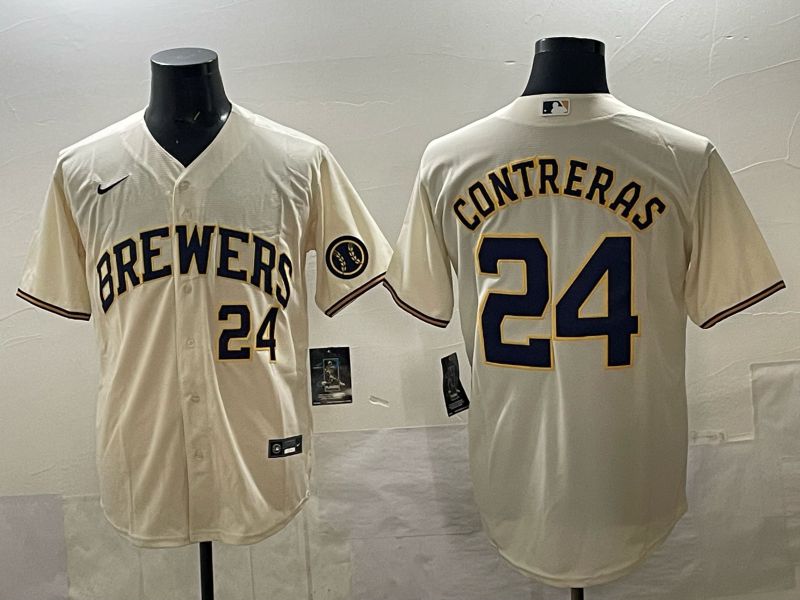 Men Nike Milwaukee Brewers #24 Contreras Cream MLB 2025 jersey 01